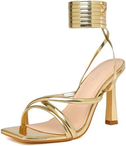 Mostrin Womens Sandals Strappy Heels for Women Lace Up Square Open Toe Heels Tie Up High Heeled Sandals for Prom, Party, Daily Wear , Size 41