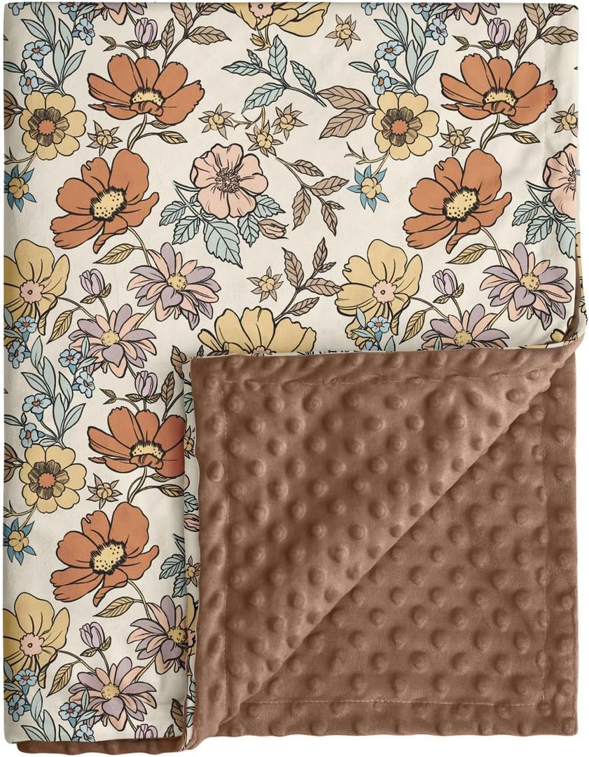 Baby Blanket for Girls, Soft Cozy Nursery Minky Blanket with Double Layer Dotted Backing for Infant Toddler in Crib Stroller, Floral Vintage Brown Blanket, 30x40 Inches
