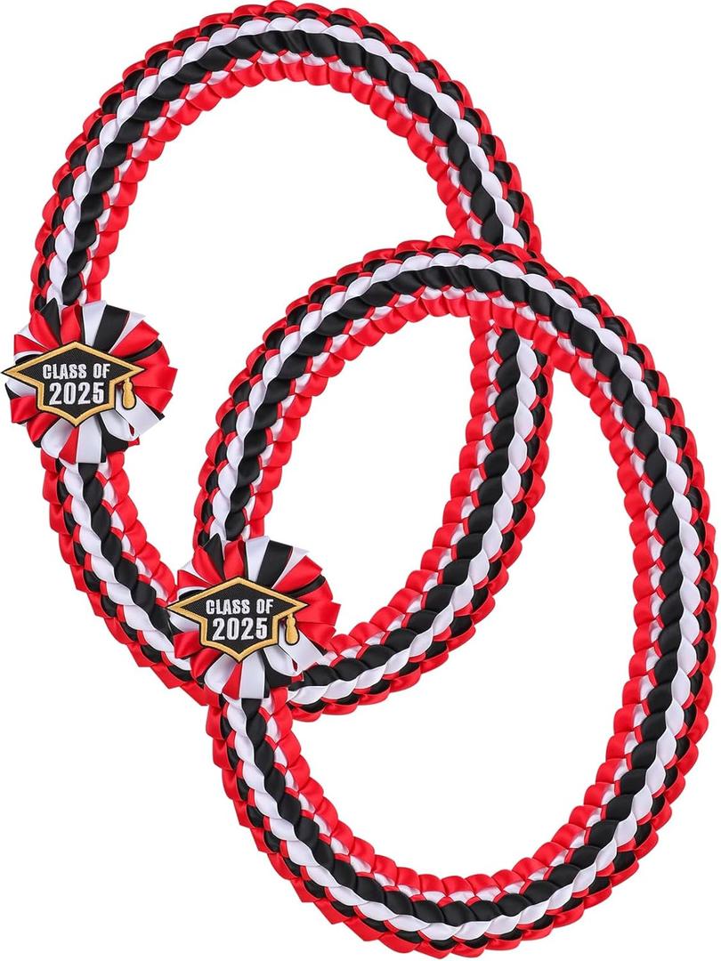 TFTAFAN Silk Graduation Leis Class of 2025 Graduation Ribbon Leis Graduation Necklace Braided Necklaces For High School College Graduation DIY Decors Party Supplies (Red, white, and black)