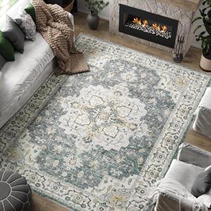 jinchan Area Rug 8x10 Vintage Washable Living Room Rug Floral Medallion Non Slip Thin Floor Cover Retro Classic Soft Boho Farmhouse Carpet for Bedroom Dining Room Kitchen Grey