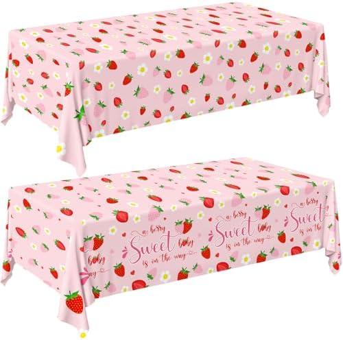 Pymurod 2Pcs Strawberry Baby Shower Tablecloths Disposable Plastic Rectangle Strawberry Table Cloth Berry Sweet Baby Table Cover for Baby Shower Party Decorations