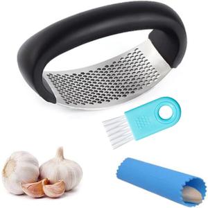 Garlic Press Rocker - Stainless Steel Garlic Crusher, Chopper, Mincer with Silicone Garlic Peeler, Mini Brush Tools For You (Black)