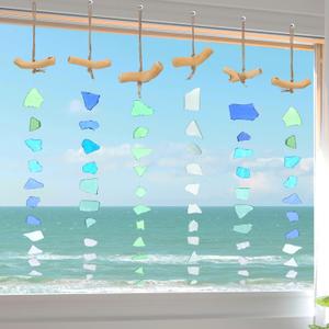 Weysat 6 Pcs Sea Glass Wind Chimes for Outside, Beach Wind Chimes with Wooden Hanger, Boho Gifts for Mom Women, Hanging Beachy Decor for Home Wall Outdoor Garden, Ocean Themed Decorations