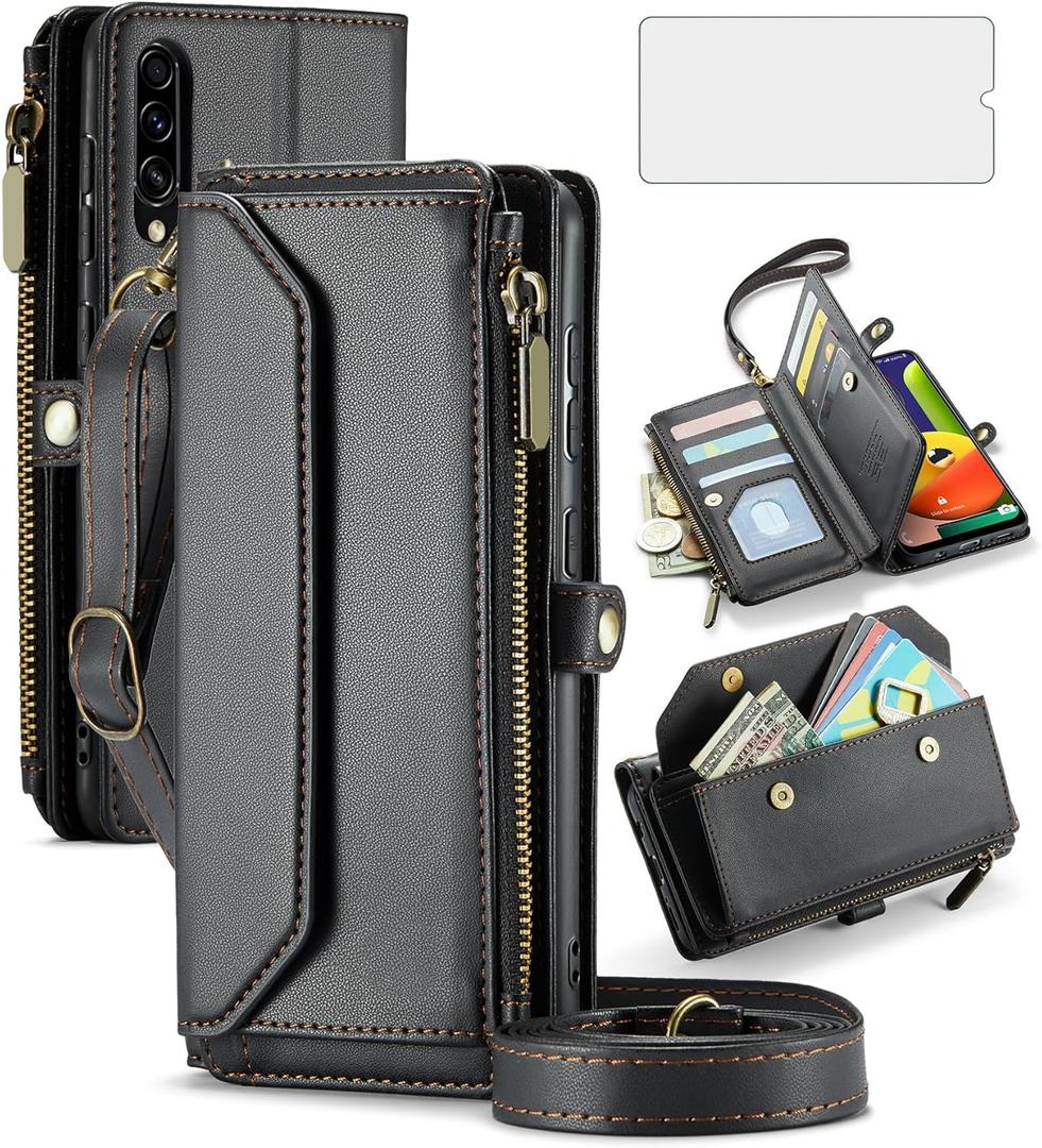 Asuwish Phone Case for Samsung Galaxy A50 A50S A30S Zipper Wallet Cover with Tempered Glass Screen Protector and Flip RFID Blocking Card Holder Cell A 50 50S 30S S50 50A SM A505G Women Men Girls Black
