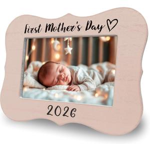 Our First Mother'S Day - Wooden Baby Photo Frame - Pink Frame With Stand, Fits 4X6 Inch Baby'S Photo, Baptism Gifts For Boys And Girls, Holiday Gift For Mom, Children'S Room Decoration - A01