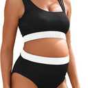 MOMOOD Maternity Two Piece Swimsuit High Waist Strappy Bikini Set Bathing Suit Black with White XL