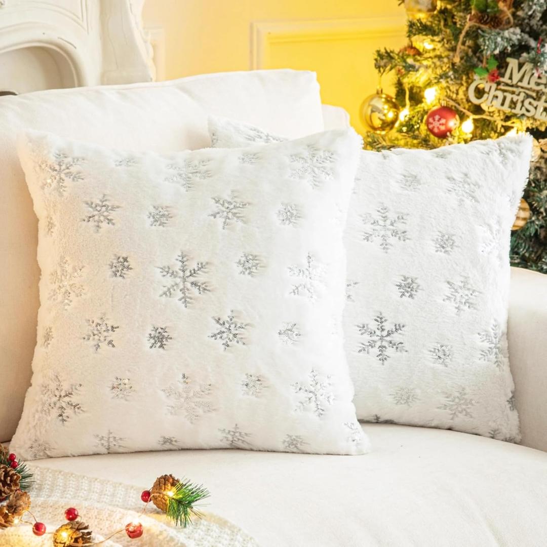 AQOTHES Faux Fur Fuzzy Decorative Throw Pillows Covers, Soft Plush with Snowflake Sequins Glitter Cute Throw Pillows for Christmas Decor Couch Sofa, Silver Ivory White,18 x 18 Inch, Pack of 2
