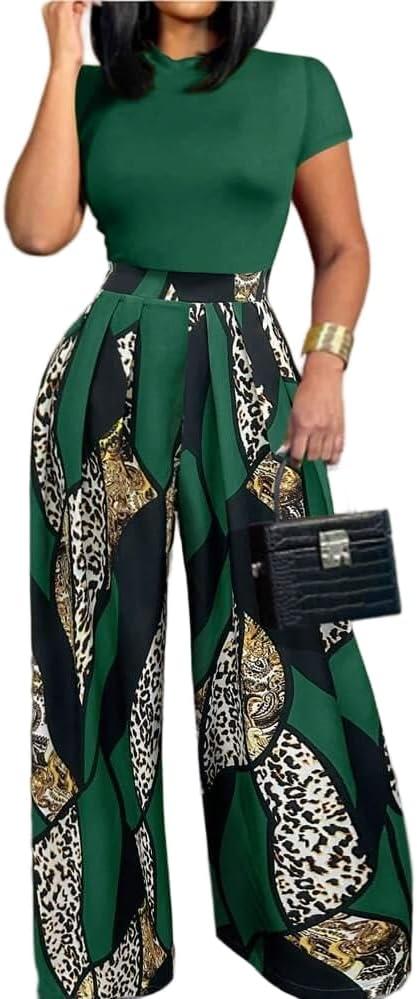 HBQ Women 2 Piece Outfits Short Sleeve Top and Flowy Flare Pants Lounge Sets Tracksuit, XL