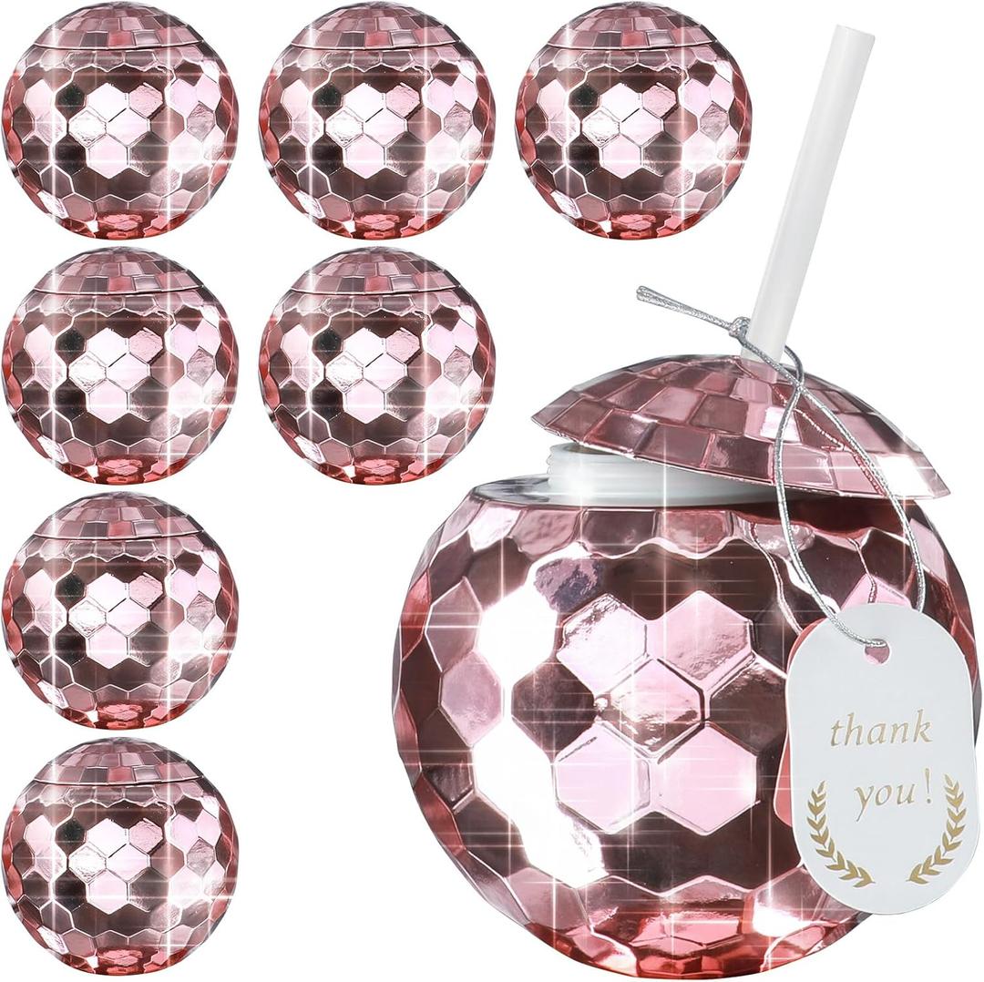 Disco Ball Cups with Lids&Straws  9Pcs 20oz Valentine's Day, Retro Party Cups for Bachelorette, Birthday, Cocktail, Business Event&70s 80s Theme Events - Rose Gold