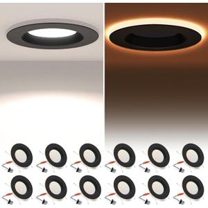12 Pack Black 5/6 Inch LED Can Lights with Night Light, 5CCT Retrofit Recessed Lighting Selectable 2700K-6000K Dimmable, 12W=75W, 1200LM Downlight with Metal Smooth Trim-ETL and Energy Star