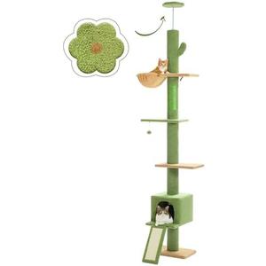 PEQULTI Cat Tree Floor to Ceiling,Cactus Tall Cat Tower, Adjustable Height (83''-108'') 5 Tiers Climbing Tree for Indoor Cats with Cat Condo, Scratching Post and Ladder, Green