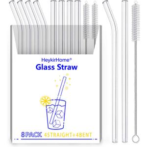 8-Pack Reusable Glass Straw,Size 8.5''x10 MM,Including 4 Straight and 4 Bent with 2 Cleaning Brush- Perfect For Smoothies, Tea, Juice