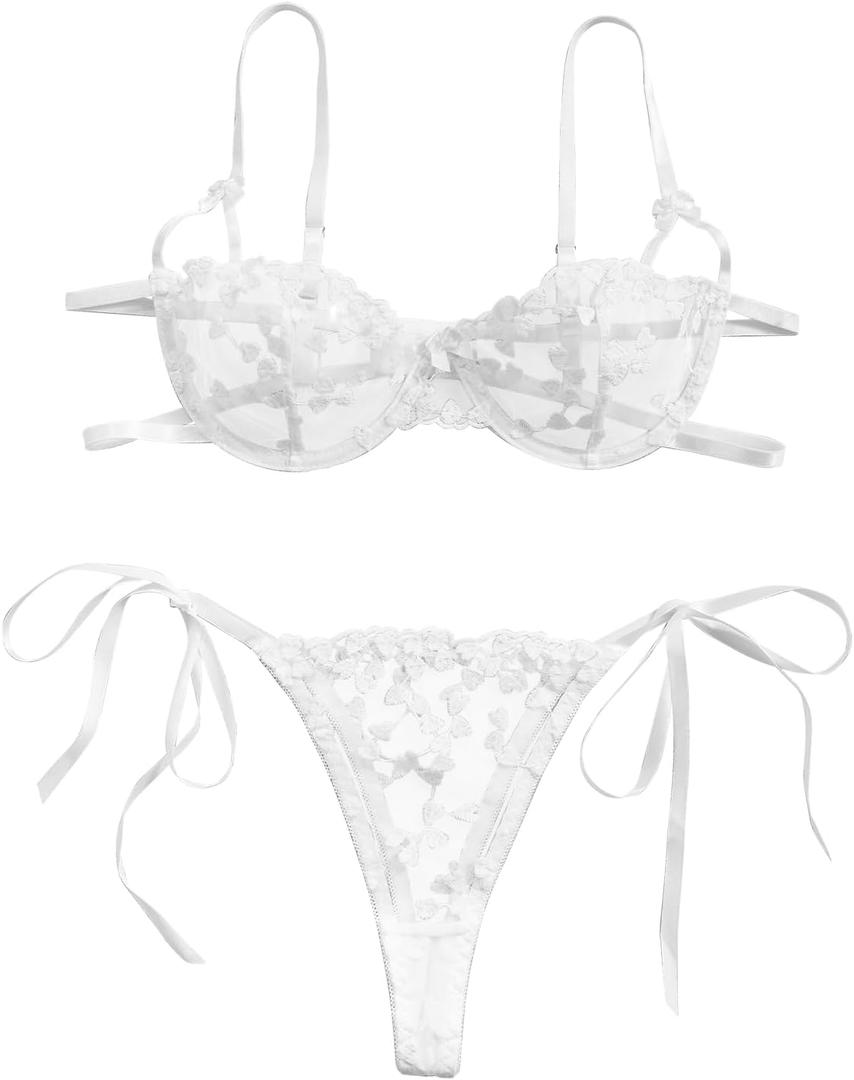 Lilosy Sexy Tie Side Cute Underwire Push Up Strappy Embroidered Mesh Sheer Lingerie Set (Medium, Bow White)