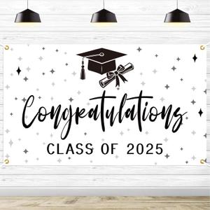 Congratulations Class of 2025 Backdrop, Black & White 2025 Grad Photo Backdrop, High School College Graduation Classroom Banner, Congrats Grad 2025 Graduation Party Decorations, 5.9 * 3.6Ft