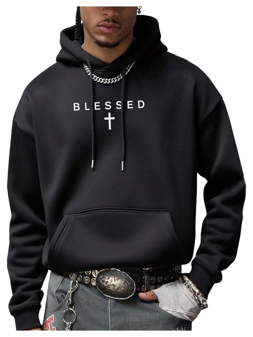 RoseSeek Men's Letter Graphic Hoodies Long Sleeve Drawstring Pullover Sweatshirts Fall Clothes Black Small
