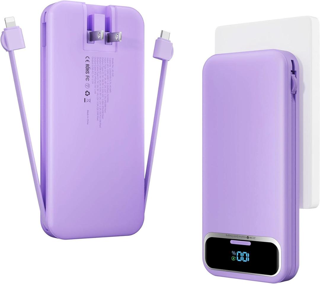 12000mAh Lightweight-Portable-Charger-Power-Bank with Built-in Cables and AC Wall Plug, PD20W USB-C Fast Charging Battery Pack, LED Display External Travel Phone Charger for All iPhone,Samsung,Android (Purple)