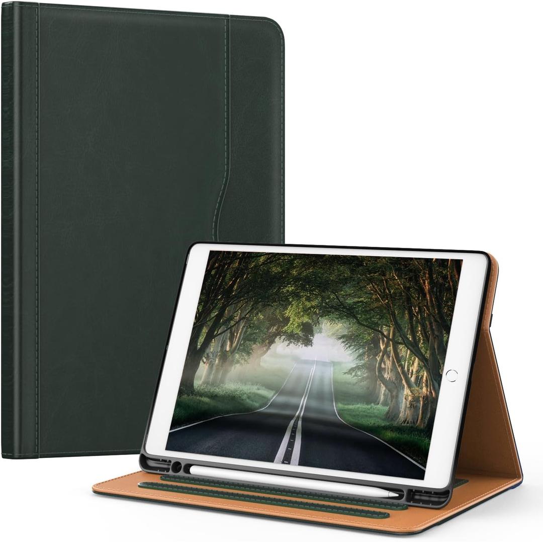 OKP Case for iPad 9th Generation 2021 / 8th Generation 2020/ 7th Gen 2019 10.2 inch Case with Multi-Angle Viewing PU Leather Flio Stand Cover with Pencil Holder & Pocket, Auto Sleep/Wake, Dark Green