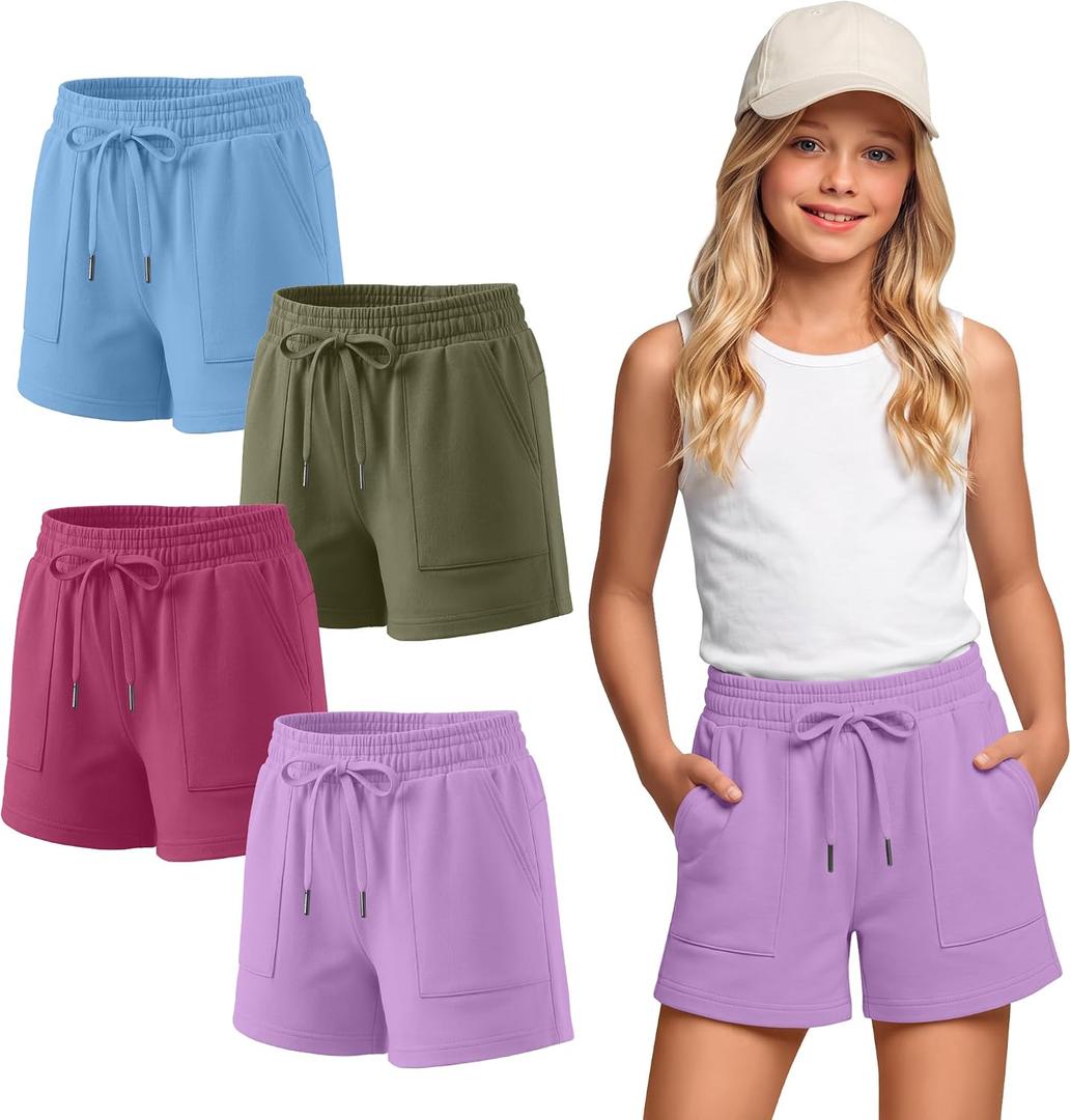 Halfchet 4 Pack Girls' Sweat Shorts | Active Shorts, Elastic Waist, Drawstring, Loose Fit, Pockets, Sizes 5-14Y, Casual, Summer, Daily, Playground, Sports, Holiday