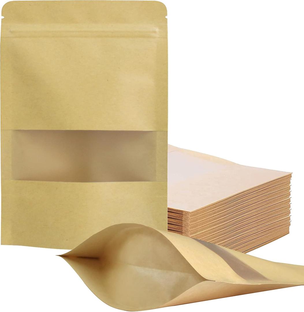 FireKylin 100 Pcs Resealable Bags,4.7" x 7.9" Stand Up Kraft Paper Bags with Matte Window, Zip Lock Food Storage Bags for Packaging Products, Reusable, Sealable (Brown)