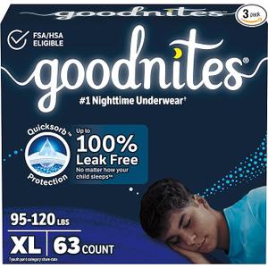 Goodnites Boys' Nighttime Bedwetting Underwear, Size Large (68-95 lbs), 75 Ct (3 Packs of 25), Packaging May Vary