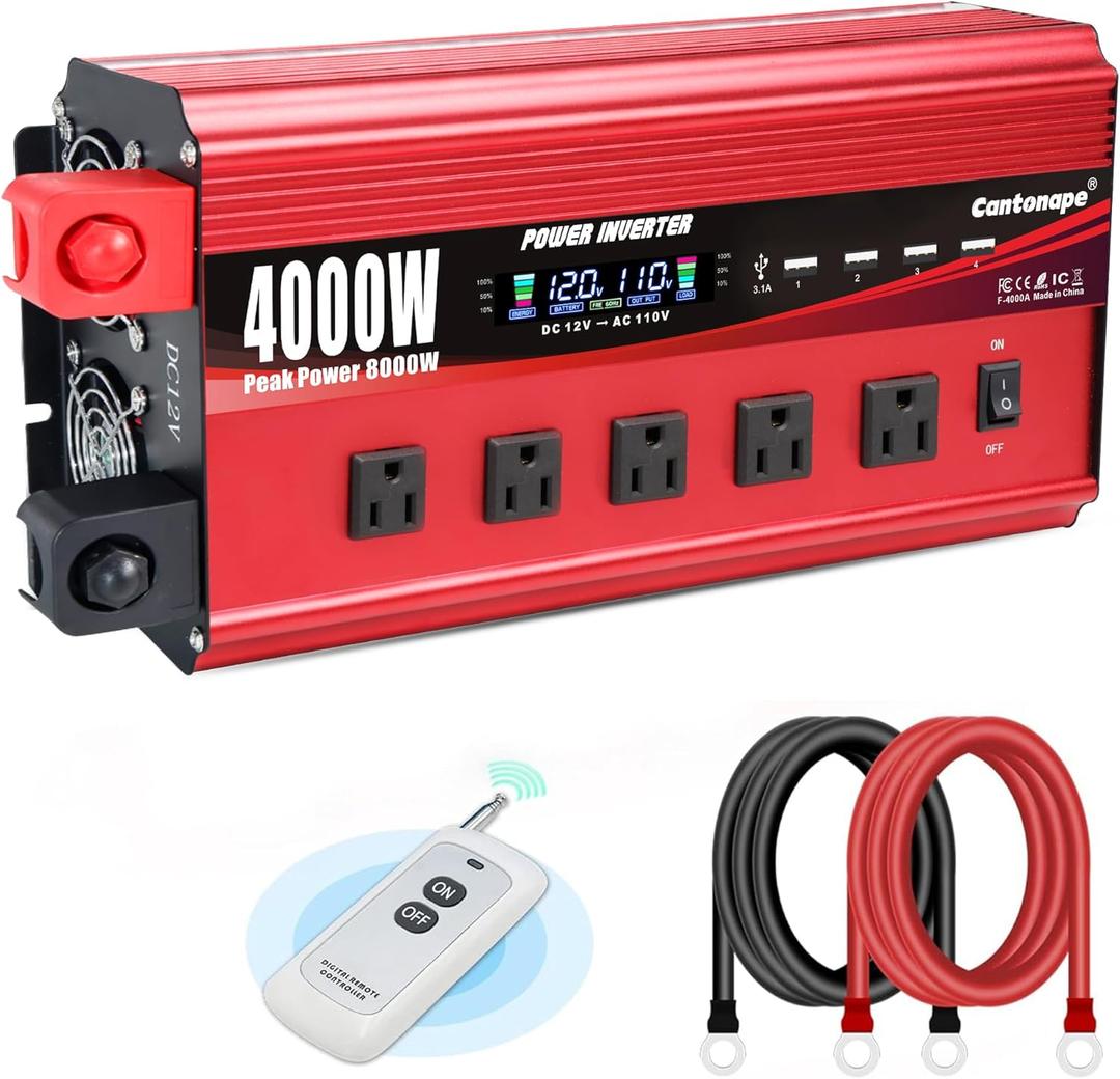 Cantonape 4000W Power Inverter 12V to 110V/120V DC to AC with LCD Display, Remote Controller 5 x AC Outlets and 4 x 3.1A USB Car Adapter for Car Truck Boat RV Solar System