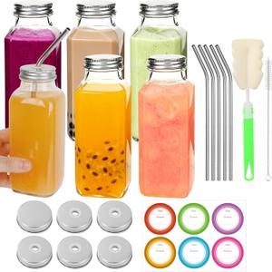 12 oz Glass Juice Bottles with Lids 6 Pack | Reusable & Leakproof Juicing Jars with Airtight & Sipping Lids, Straws & Brushes for Travel, Office, Home, Gym
