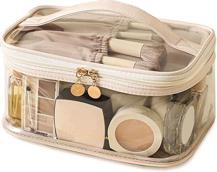 Large Clear Makeup Bag Big Cosmetic Bags Waterproof Toiletry Orangizer with Handle Transparent Toiletries Case Travel Pouch for Women Girls Daily Beauty Purse Essentials Skincare Bag Off White