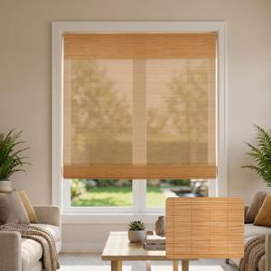 Cordless Bamboo Roman Shades, Light Filtering Woven Wood Window Blinds with Valance for Living Room, Bedroom, Kitchen, Home Office, 34" Wx64 H