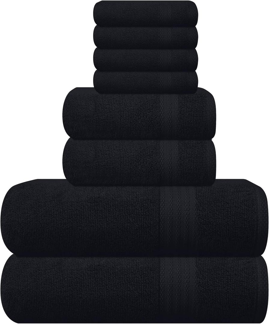 GLAMBURG Ultra Soft 8-Piece Towel Set - 100% Pure Ringspun Cotton, Contains 2 Oversized Bath Towels 27x54, 2 Hand Towels 16x28, 4 Wash Cloths 13x13 - Ideal for Everyday Use, Hotel & Spa - Black