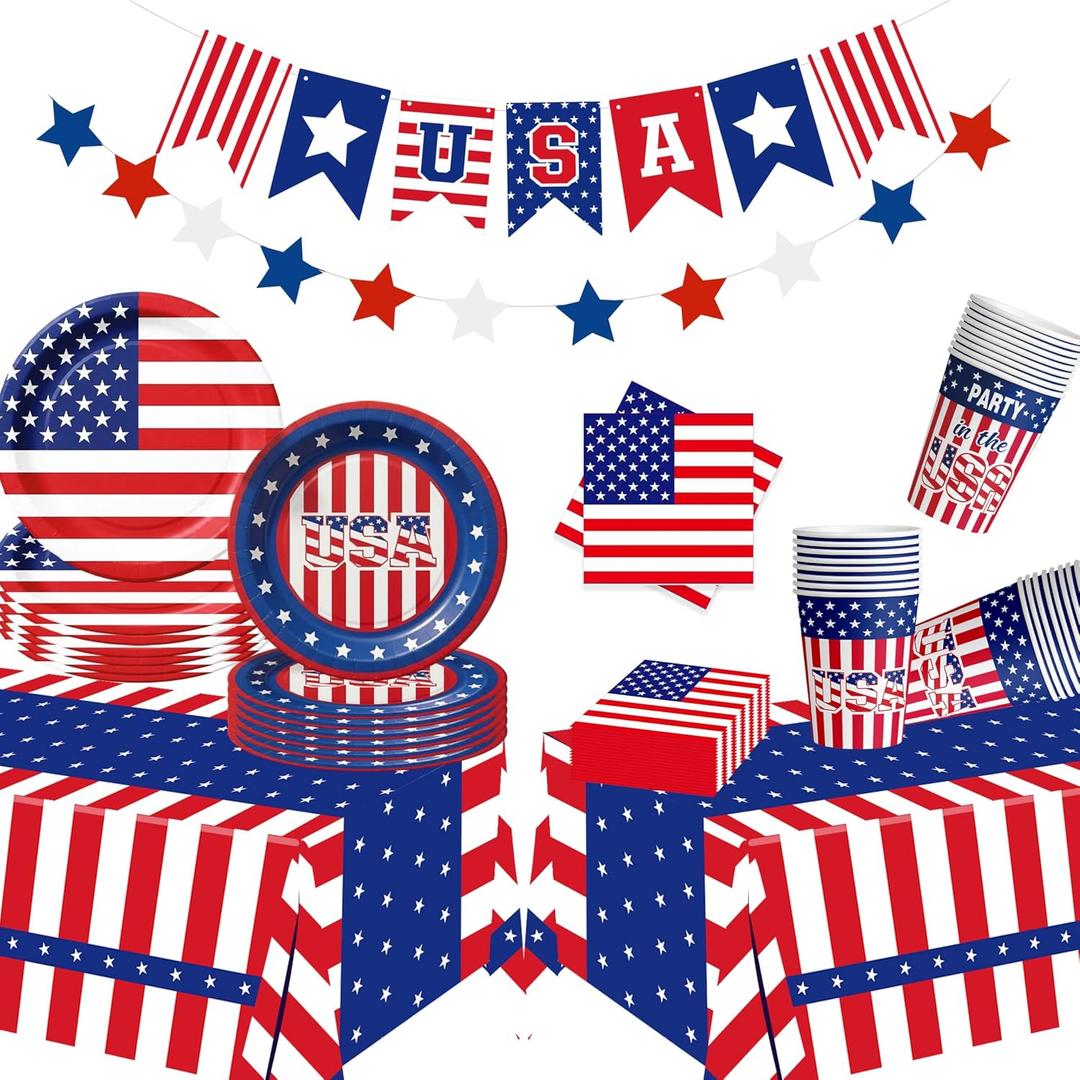 75 Pcs 4th of July Patriotic Party Decorations Set, Red White and Blue USA Flag Paper Plates Napkins Cups Tablecloth and Banner, Memorial Day Veterans Tableware Supplies (Serves 12)