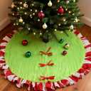 Christmas Tree Skirt, 36 Inch Large Green Faux Fur Christmas Tree Skirt with Peppermint Ruffle Trim, Faux Soft Thick Plush Round Mat for Merry Xmas Holiday Party Indoor Home Decorations