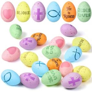 Wettarn 36 Pcs Religious Easter Speckled Eggs Pastel Jesus Lives He Is Risen Rejoice Cross Plastic Eggs Christian Basket Vase Fillers for Easter Sunday School Home Party Decoration