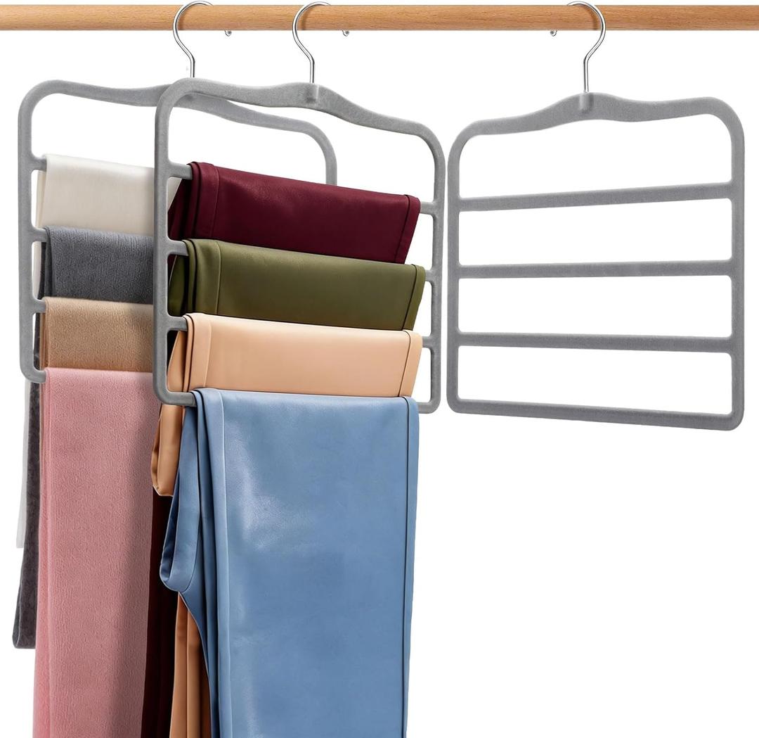 Velvet Pants Hangers 2-Pack, Space Saving Multi-Tier Closet Organizers for Jeans Trousers Skirts Scarves, Heavy Duty Non-Slip Vertical Storage for College Dorm & Apartment Essentials, Grey