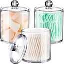 SheeChung 3 Pack Qtip Dispenser Apothecary Jars Bathroom with Labels-Clear Plastic Qtip Holder Storage Set for Cotton Ball,Cotton Swab,Cotton Rounds,Floss Picks, Hair ClipsHair Ties