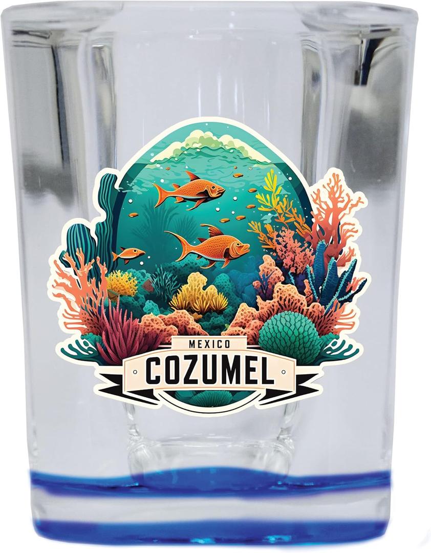R and R Imports Cozumel Mexico Souvenir 2.5 Ounce Shot Glass Square Blue Base A