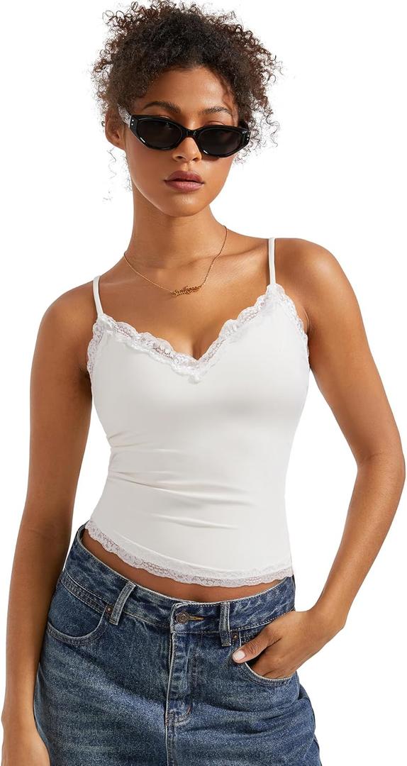 SUUKSESS Women Padded Lace Double Lined Tank Tops Sexy V Neck Summer Going Out Top (Small, White)
