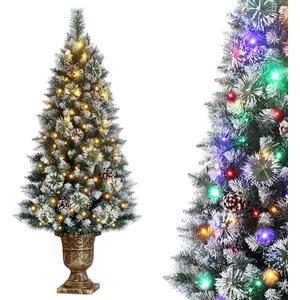 4ft Christmas Tree Pre-Lit Artificial Mini Trees with Gold Pot Base, Flocked Snow Warm White and Colorful Lights Pine Cones, for Entrances, Home Decorations Holiday Decor