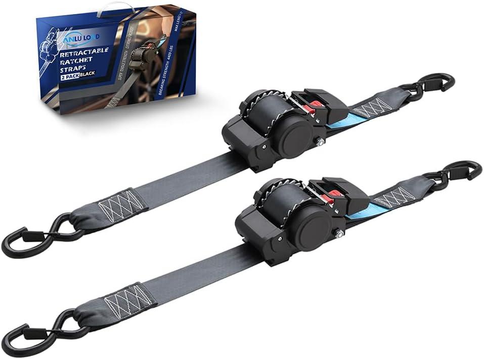 ANLULOAD 2 Pack Retractable Ratchet Straps (2in x 157in),Cargo Strap Tie Downs for Trunk, Garage Motorcycles, Atvs,Trailers-WLL2,204lbs,BS:4,409 lbsBlack