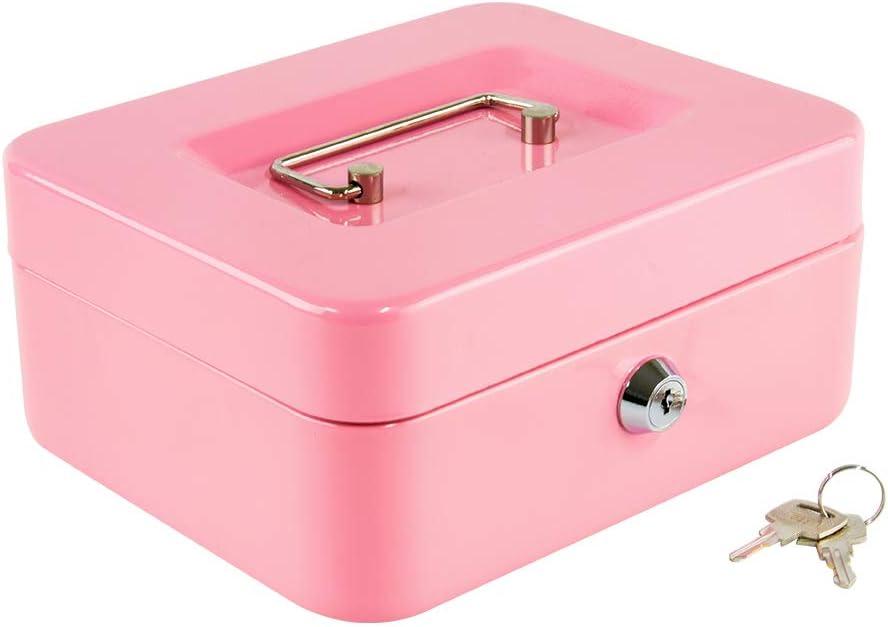 Kyodoled Medium Cash Box with Money Tray,Small Safe Lock Box with Key, Drawer,7.87"x 6.30"x 3.54" Pink