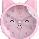 Children Cute Animal Dog/Cat Alarm Clock Silent Non Ticking Silicone Clock Night Light Travel Clock (Pink)