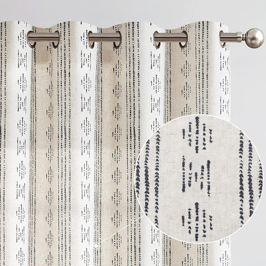 Jinchan Boho Linen Blend Curtains for Living Room - Farmhouse Boho Design, Black & Beige Geometric Striped Mudcloth Grommet Curtains, 63 Inch Length, 2 Panels