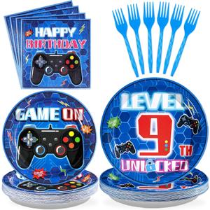 96Pcs 9th Video Game Birthday Party Decorations Blue Video Game Level 9 Birthday Plates and Napkins Tableware Sets for Kids Boys 9 Years Old Gamer Gaming Party Favors Serves 24