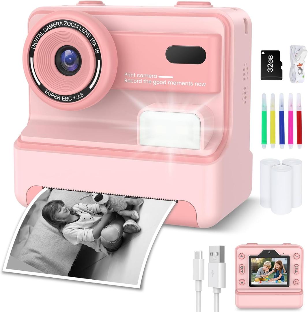 Kids Camera Instant Print, Christmas Birthday Gifts for Girls Age 3-12, Dual-Lens Selfie Camera for Kids with 1080P Videos, 2.4 Inch Screen, 32GB SD Cards & 3 Rolls Print Paper (Pink)