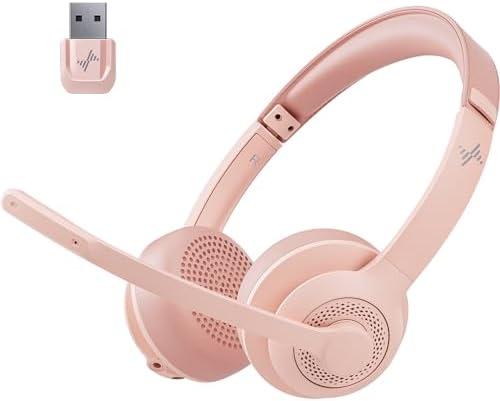 JIAMQISHI Wireless Headset with AI Noise Cancelling Microphone Bluetooth Headset - Bluetooth V5.2 Headphones with USB Dongle & Mic Mute for Computer/Laptop/PC/iPhone/Android/Cell Phones (Pink)