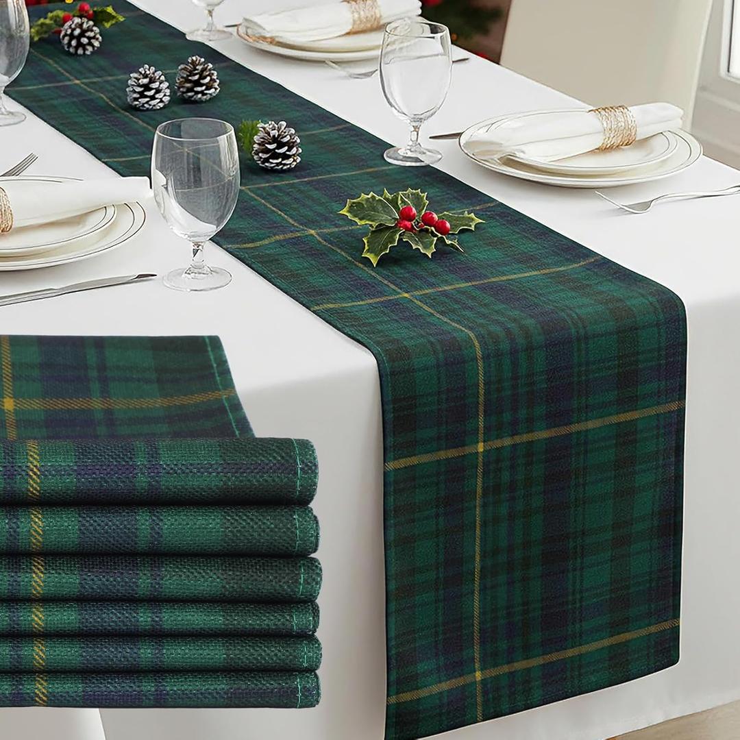 Gilprop 6 Pcs 72 x 13'' Tartan Plaid Bear Babyshower Table Runner Vintage Birthday Party Decoration for Baby Shower Theme Party Table Runner Dining Room Home Kitchen Decor (Green and Blue)
