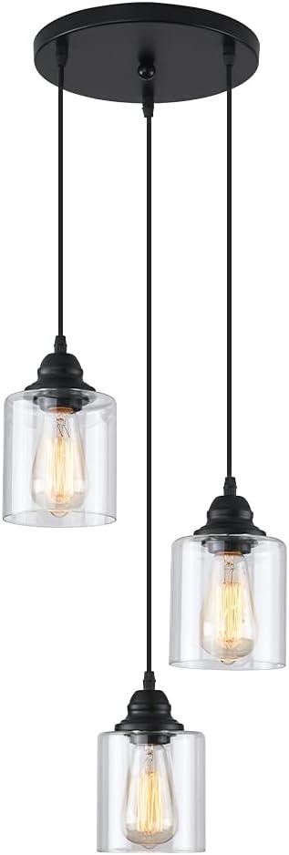 3 Lights Industrial Pendant Light with Glass Shade Matte Black Pendant Lighting Adjustable Industrial Retro Style Hanging Light,Kitchen Island Farmhouse Pendant Lights Fixtures for Kitchen,Farmhouse