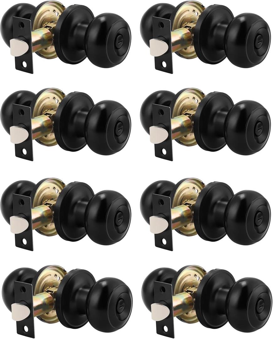 Probrico Black Door Knobs Interior, Bedroom/Bedroom Door Locks Interior, Black Privacy Door Knobs with Lock, Round Door Handle Knobsets, 8 Pack