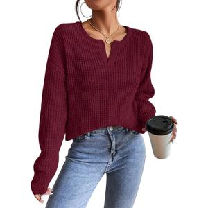 Womens Sweaters Casual Drop Shoulder Long Sleeve V Neck Pullover Tops Trendy Fall Fashion Clothes 2026 (Red, XXL)
