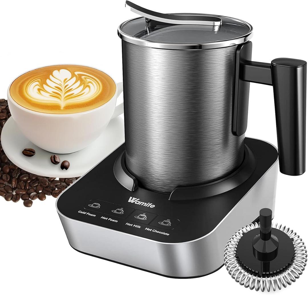 Wamife Electric Milk Frother and Steamer for Coffee with Milk Frother Cup (700ml/23.6oz,Milk 150ml) 4-in-1 Milk Foamer Hot Chocolate Maker,Hot & Cold Foam Maker,Heated Milk,Dishwasher Safe with Whisk (Black)
