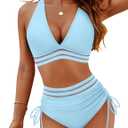 Blooming Jelly Women High Waisted Bikini Sets Tummy Control Swimsuits Color Block Two Piece Drawstring Bathing Suit (X-Large, Blue Mesh)